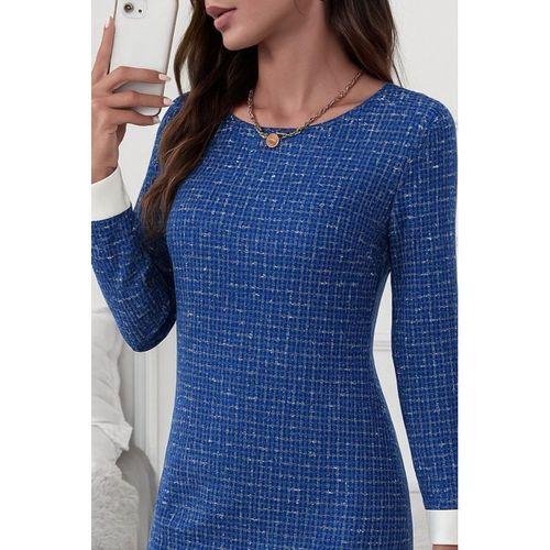 Kadın Uzun Kollu Yuvarlak Yaka Etek Ucu şerit Detaylı Mini Dokuma Elbise