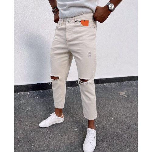 Erkek Açık Krem Yırtık Detaylı Boyfriend Jean