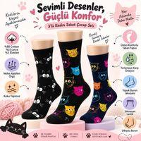 Unisex Kedi Desenli Çorap 6'lı Set Pamuklu Renkli Uzun Soket Dikişsiz Nefes Alan Rahat Günlük Çorap