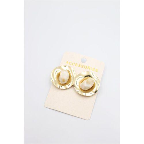 Taşlı Metal Küpe - Krem