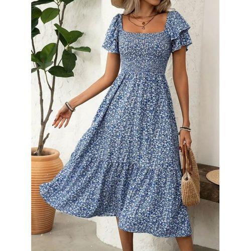 Kadın Kısa Kollu Gipe Detaylı Desenli Midi Süprem Elbise