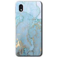 MRCİLETİSİM Samsung Galaxy A01 Core Kılıf Baskılı Kapak - Mavi Gold Mermer +Tam Kaplayan Mat Seramik