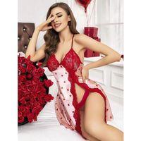 Özel Tasarım Kalp Desenli İnce Askılı Dantel İşlemeli Yırtmaçlı Mini Saten Gecelik