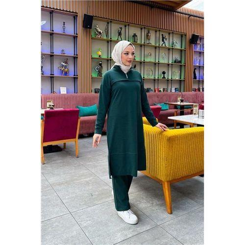 Dik Yaka Kısa Fermuarlı Yırtmaçlı Sade Basic Uzun Tunik ve Pantolon İkili Spor Takım - 03062.021 - Nefti