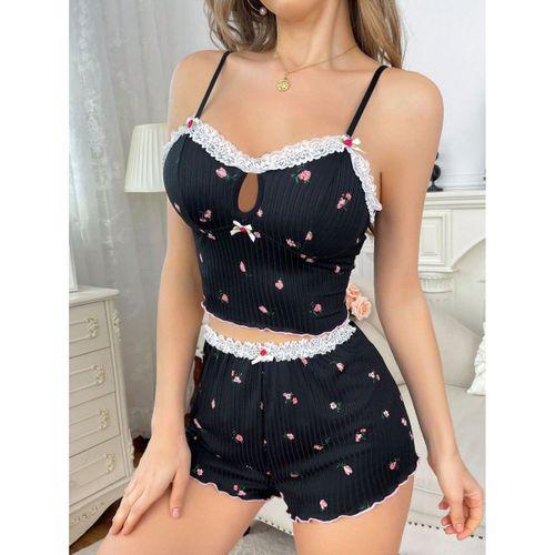 Yumuşak Kumaşlı Çiçekli Şortlu Dantelli Gecelik Takımı, Rahat Ve Şık Ev Giyim,kadın Pijama