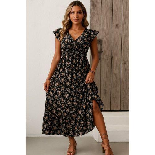 Kadın Kısa Kollu Kruvaze Yaka Beli Lastikli çiçek Desenli Elbise