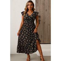 Kadın Kısa Kollu Kruvaze Yaka Beli Lastikli çiçek Desenli Elbise