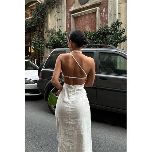 Trisha Sırt Dekolteli Keten Elbise 2496-20 ELBİSE