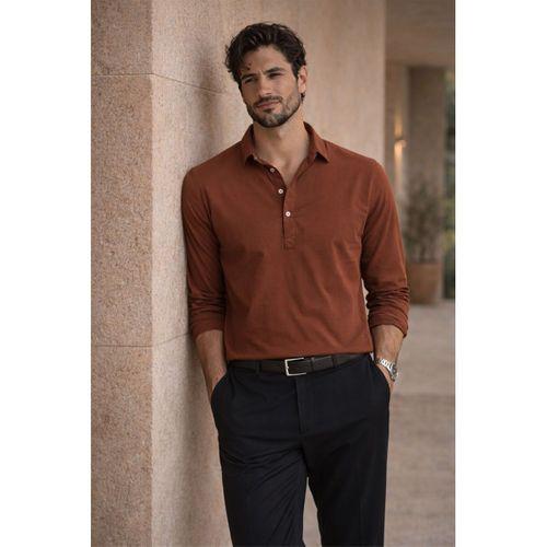 Yarım Pat Yakalı York Pamuk Kumaşlı Uzun Kollu Erkek Gömlek - Koyu Kahve