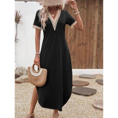 Kadın Kısa Kollu Dantel V Yakalı Uzun Viskon Elbise