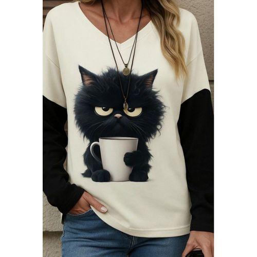 Kadın Uzun Kollu V Yakalı Kedi Baskılı şardonlu Dalgıç Bluz