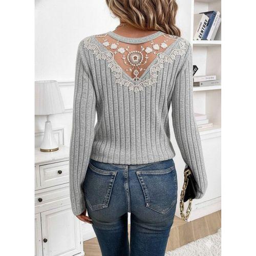 Kadın Uzun Kollu V Yakalı Arkadan Dantel Detaylı şardonlu Kaşkorse Bluz