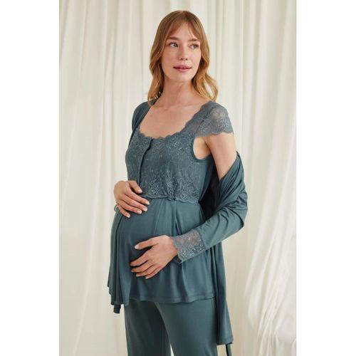 Dantelli Önü Düğmeli Hamile Lohusa 3'lü Viskon Pijama Takımı