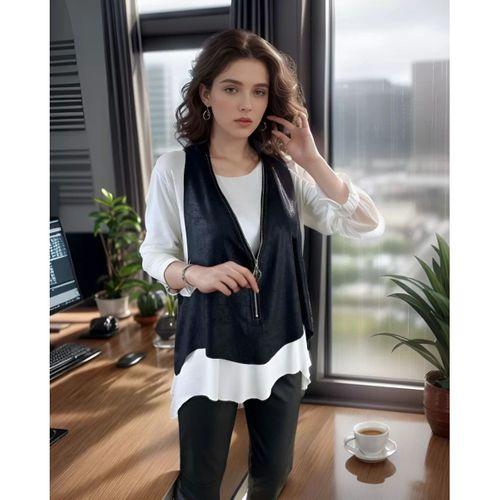 Pilelistore Kadın Uzun Kol Asimetrik Kesim Bluz Ve Asimetrik Kesim Fermuar Detay Deri Yelek Ikili Takım