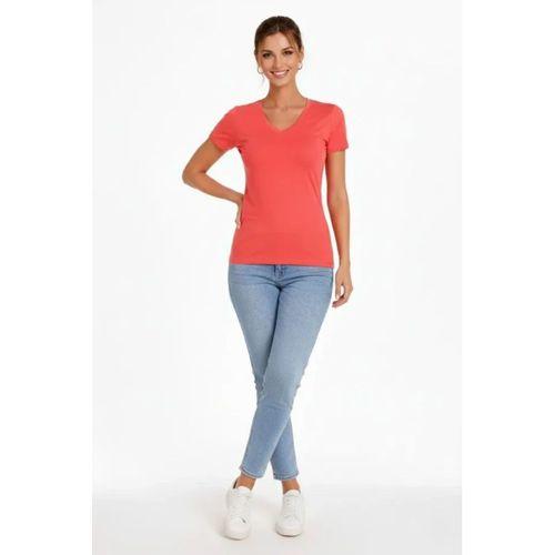 T-Shirt V Yaka Slim Fit Likralı Tişört Günlük Basic Body - Nar Çiçeği