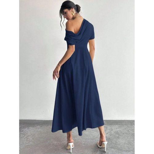 Kadın Omuzdan Açık Kısa Kollu Omuzdan Pileli Uzun Janjan Krep Elbise