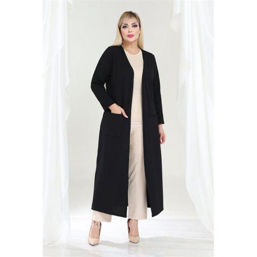 Melsay Butik Büyük Beden Siyah Dokulu Örme Kumaş Uzun Kadın Hırka