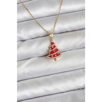 316L Çelik Zincir Gold Renk Kırmızı Çam Ağacı Model Yılbaşı Temalı Kadın Kolye