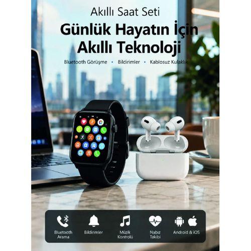 Bluetooth Arama Özellikli Akıllı Saat Seti Kablosuz Kulaklık Hediyeli, Android & İos Uyumlu