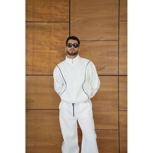 Erkek Premium Parçalı Eşofman Takım - Dik Yaka Fermuarlı Biyeli Sweatshirt Lastik Paça Alt, Oversize 3 Iplik Şardonlu - Beyaz