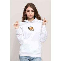 Kedi Baskılı Beyaz Kadın Kapşonlu Sweatshirt