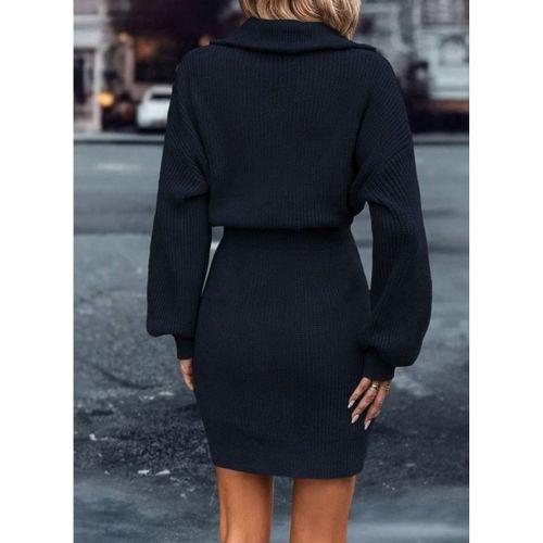 Kadın Uzun Kollu Yakası Fermuarlı Mini Triko Elbise