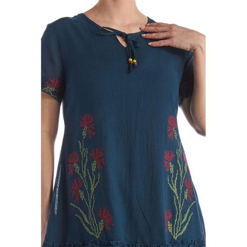 Kısa Kol Petrol Bağcıklı V Yaka Nakışlı Yazlık Vual Kısa Elbise