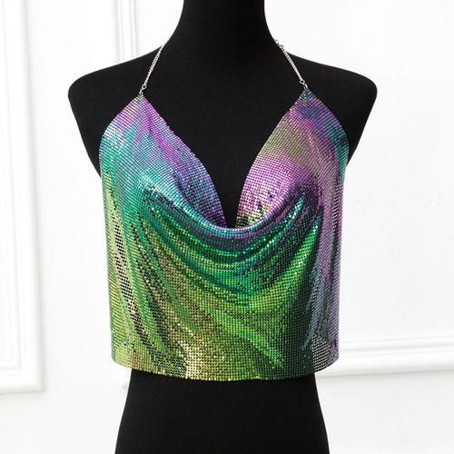 Parlak Gökuşağı Crop & Bluz Kolsuz Kayık Yaka Zırh Büstiyer