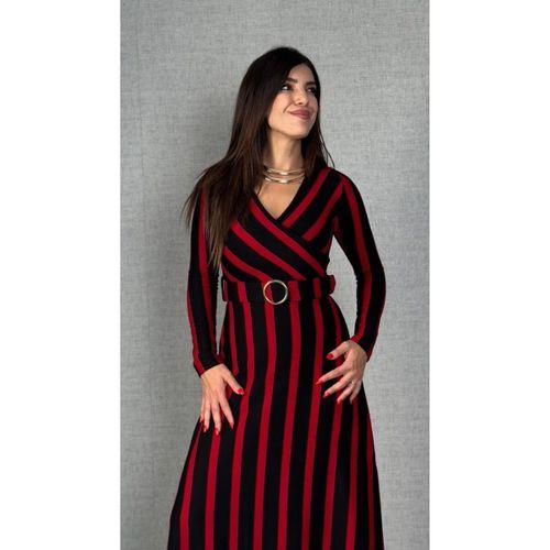 Kadın Uzun Kollu Kruvaze Yaka Kemer Dahil çizgili Triko Elbise
