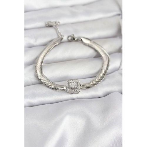 316L Çelik Gümüş Renk Baget Zirkon Taşlı Yılan Zincirli Kadın Bileklik