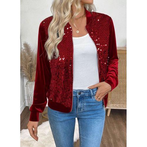 Kadın Uzun Kollu önü Açık Fermuarlı Pulpayetli Kadife Ceket