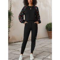 Kadın Uzun Kollu Bisiklet Yaka Desenli Viskon Iki Iplik Bluz Ve Pantolon Ikili Takım