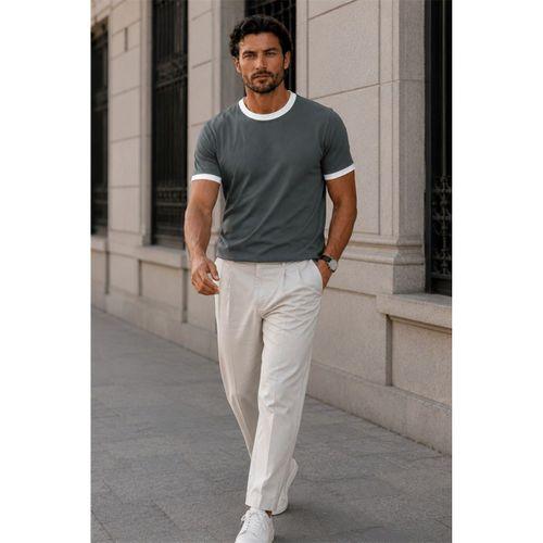 Capra Yaka Kol Biyeli Basic Pamuk Likralı İki İplik Erkek T-Shirt - CamYesili