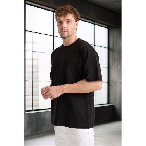 İki İplik Kumaş Pamuklu Bisiklet Yaka Basic Oversize Erkek T-Shirt - Siyah