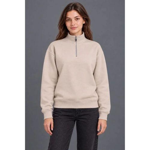 Üç İplik İçi Şardonlu Dik Yaka Yarım Fermuarlı Kışlık Sweatshirt - Bej