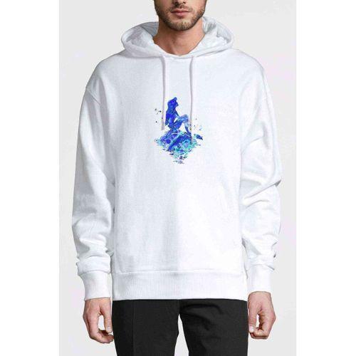 Küçük Denizkızı Ariel Suluboya Sarılmış Tuval Baskılı Beyaz Erkek Kapşonlu Sweatshirt