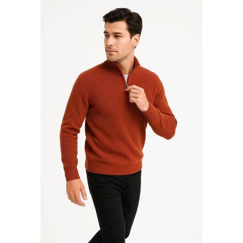Erkek Yarım Fermuarlı Triko Kazak – Selanik Örgü, Dik Yaka, Pamuklu Dokuma, Regular Fit Uzun Kollu Kışlık Model - Kiremit