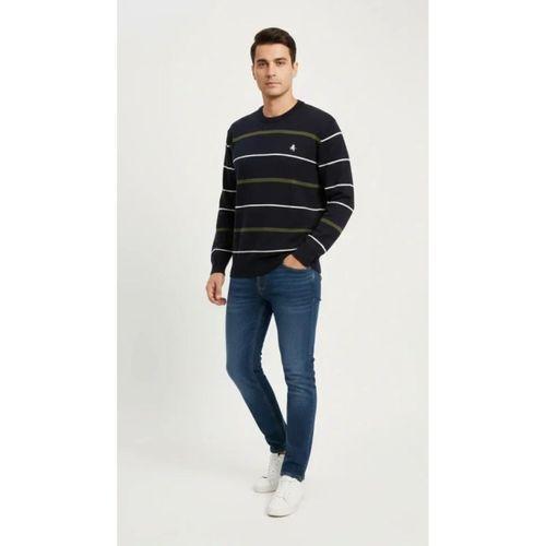 Erkek Bisiklet Yaka Cizgili Triko Kazak Yumuşak Dokulu Pamuklu Ince Dokuma, Uzun Kollu Rahat Regular Kalıp - Lacivert