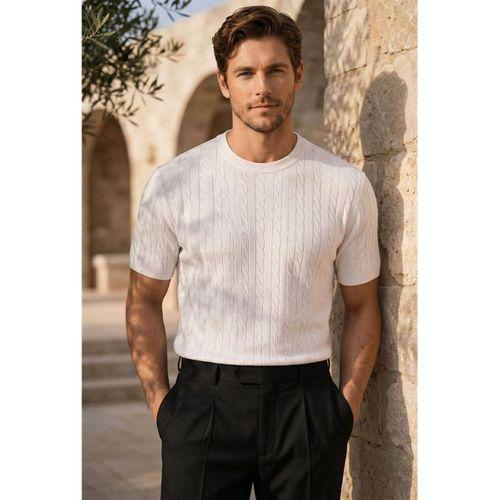 Walsh Saç Örgü Desenli Bisiklet Yaka İnce Triko Erkek T-Shirt - Ekru