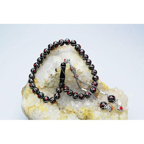 Oltu Taşı Üçlü Çeşmi Bülbül Kırmızı İşlemeli Tespih