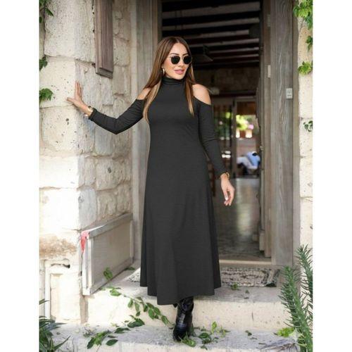 Kadın Balıkçı Yaka Omuzlardan Açık Uzun Kollu Janjan Krep Elbise