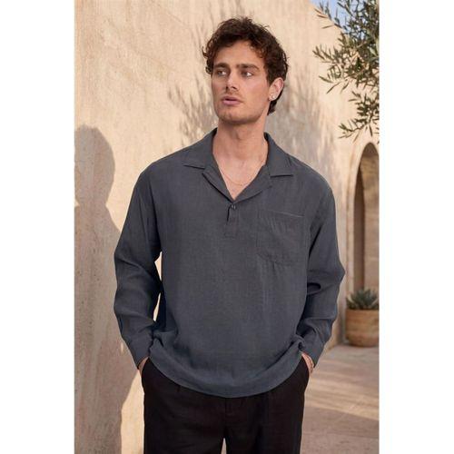 Sartre Apaş Yaka Tek Cepli İnce Modal Kumaş Oversize Uzun Kollu Yazlık Gömlek - Füme