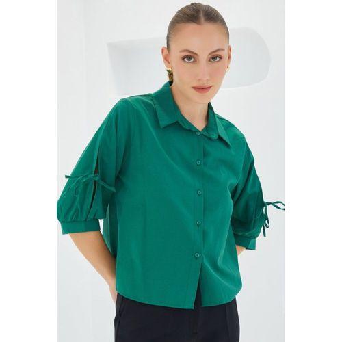 Kol Detaylı Zümrüt Yeşili Crop Gömlek 20246