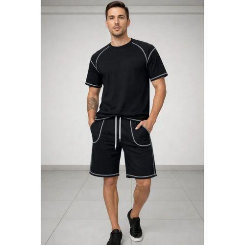 Erkek Spor Tişört Şort Takım Kontrast Dikiş Detaylı Ovarsize Rahat Kalıp - Siyah