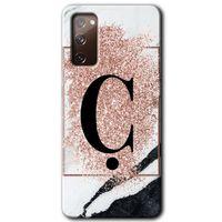 MRCİLETİSİM Samsung Galaxy S20 FE Kılıf Baskılı Kapak - Pembe Mermer Desenli Ç Harfi + 5D Tam Kaplayan Cam