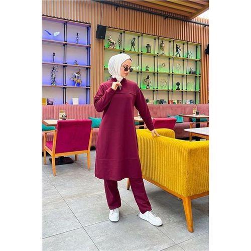 Dik Yaka Kısa Fermuarlı Yırtmaçlı Sade Basic Uzun Tunik ve Pantolon İkili Spor Takım - 03062.009 - Bordo