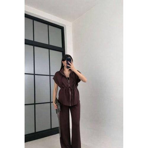 Kadın Yarasa Kol Fermuar Ve Lastikli Bağcık Detay Ceket Pantolon Ikili Takım