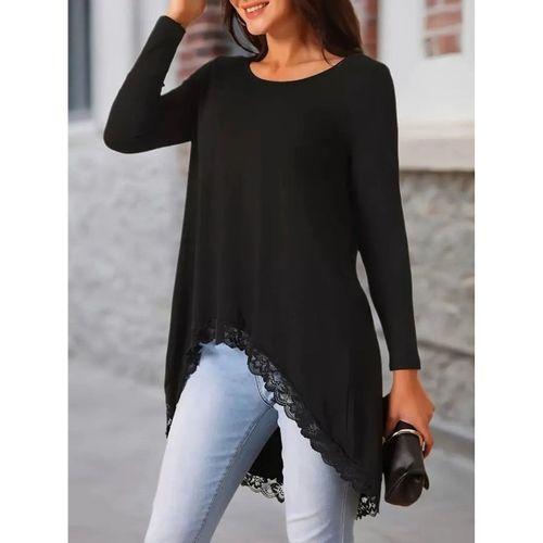 Kadın Uzun Kollu Bisiklet Yaka Asimetrik Kesim Detaylı Dantelli Viskon Bluz