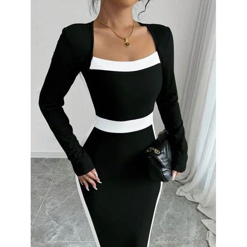 Kadın Uzun Kollu Geometrik Yaka Midi Ithal Krep Elbise