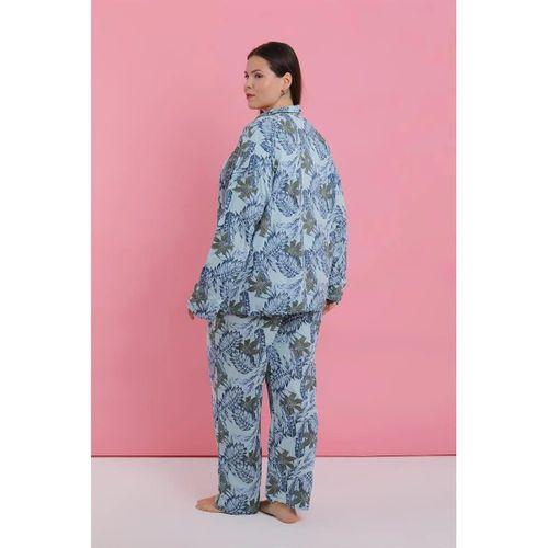 Kadın Büyük Beden Mavi Tropikal Desenli Düğmeli Pijama Takımı